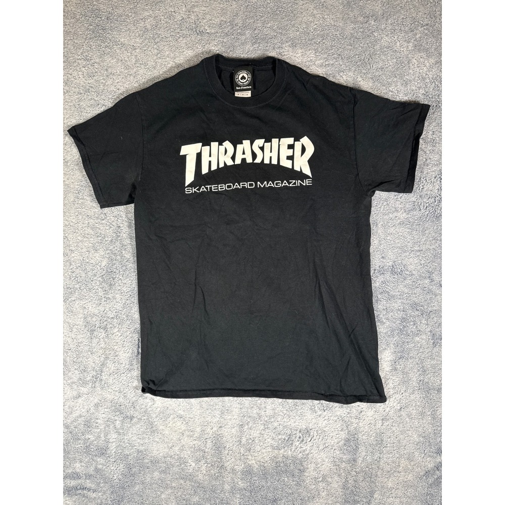Thrasher Skateboard Magazine T-Shirt Mens Medium Black Graphic‎ Logo Tee Cotton